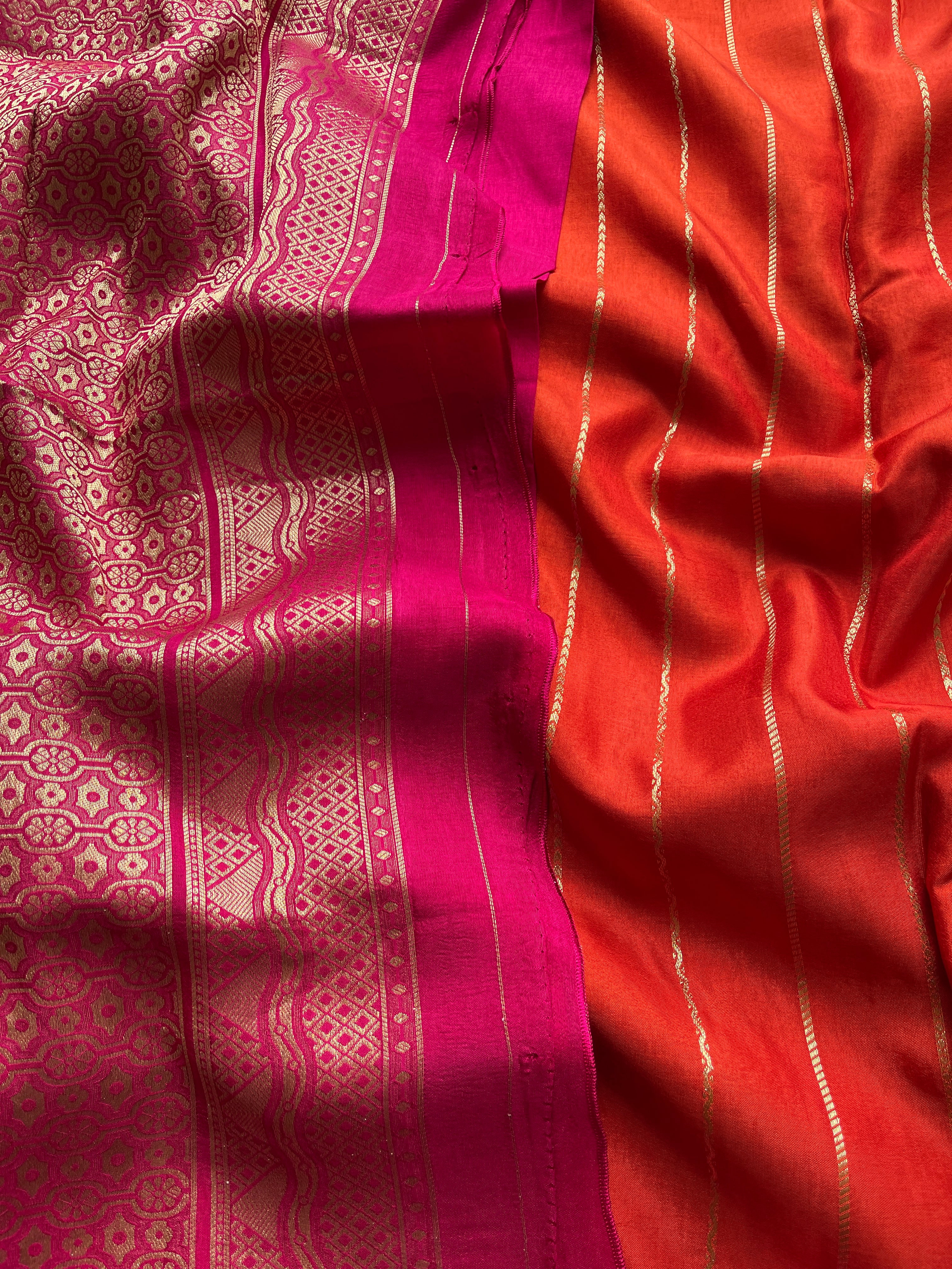 Rust Orange with Pink Border Viscose Satin Saree